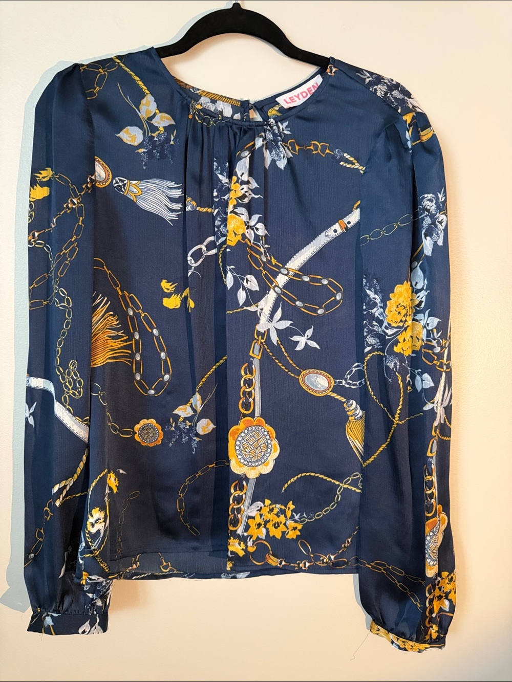 Leyden Navy Floral & Chain-Print Long Sleeve Blouse